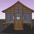 Traditional Wooden Building With Black Tiled Roof Elevated Pillars Lattice Walls And Staircase