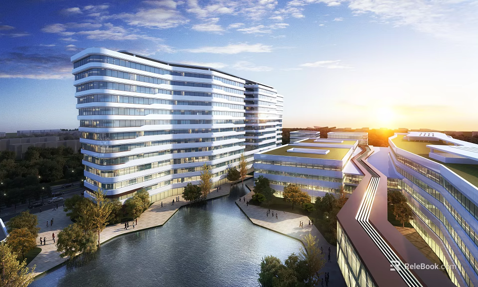 Modern Multi Storey Hospital Building Featuring Glass Facade Waterfront Greenery And Sunset View 3d model 