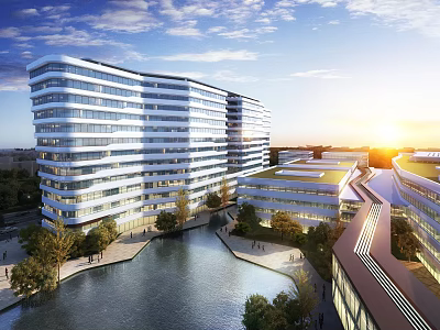 Modern Multi Storey Hospital Building Featuring Glass Facade Waterfront Greenery And Sunset View 3d model