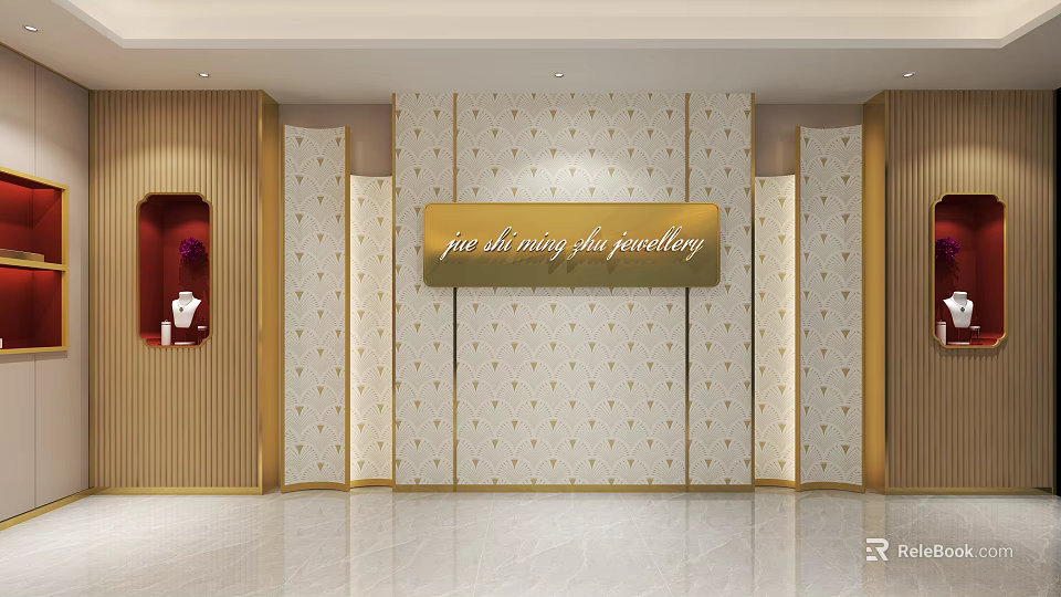 Elegant Luxury Jewelry Store Interior With Alluring Art Jewellery Signage And Decorative Walls 3d model 