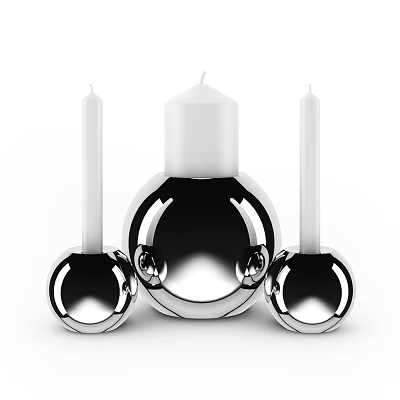 Stylish Silver Decorative Ornament Set With Spherical Bases And White Candles 3d model