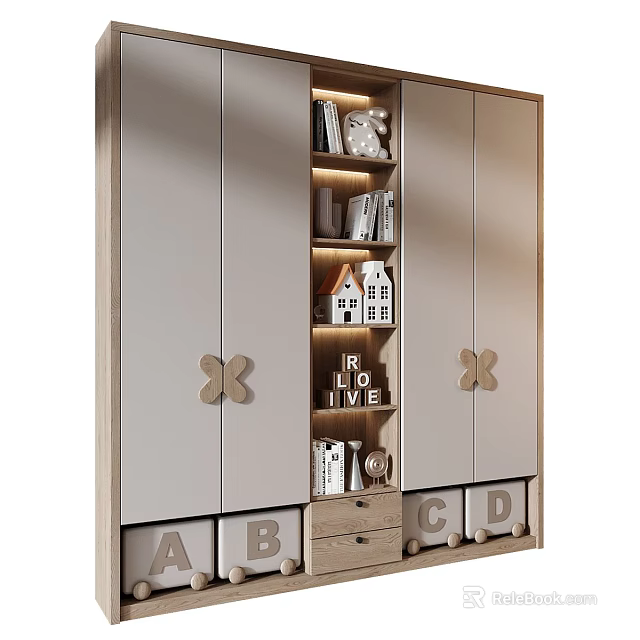 Modern Wooden Wardrobe With Butterfly Decor Alphabet Drawers And Open Shelves 3d model 