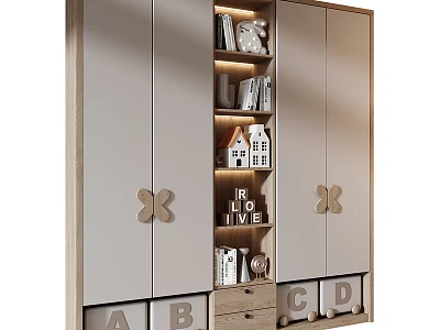 Modern Wooden Wardrobe With Butterfly Decor Alphabet Drawers And Open Shelves 3d model