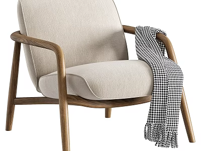 Elegant Beige Fabric Leisure Chair Featuring Wooden Armrests And Houndstooth Blanket Fringe 3d model