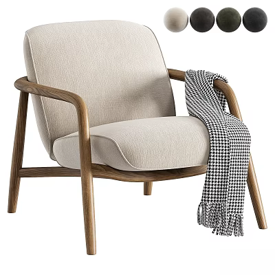 Elegant Beige Fabric Leisure Chair Featuring Wooden Armrests And Houndstooth Blanket Fringe 3d model