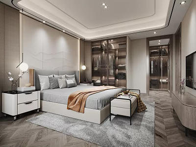 Modern Bedroom Interior With Bedside Tables Lamps Rug And Wardrobes 3d model