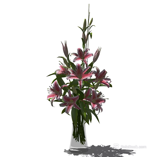 Decorative Pink Lilies Arrangement in Glass Vase with Green Stems and Leaves 3d model 