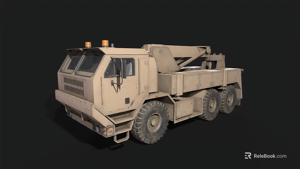 Beige Military Truck With Crane And Six Wheel Heavy Duty Structure 3d model 