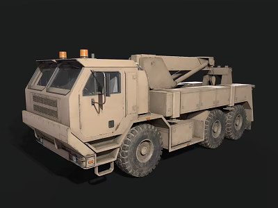 Beige Military Truck With Crane And Six Wheel Heavy Duty Structure 3d model