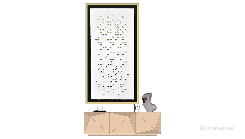 Geometric Console Table With Gold Framed Artwork And Koala Figurine Decor 3d model 