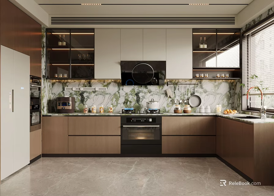 Modern Kitchen Interior Design With Marble Backdrop Cabinets And Appliances Window 3d model