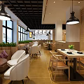 Modern Restaurant Interior With Pendant Lights Wooden Partitions Green Plants And Tables
