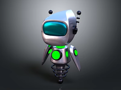 Game and Movie Robot Character With Silver Body Blue Eyes Green Lights and Spring Base 3d model