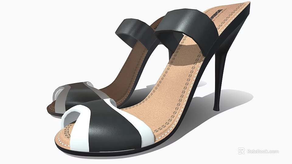 Women's Black and White Open Toe Leather Sandals with Stiletto Heel 3d model 