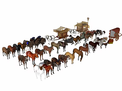 Vintage Horse Drawn Carriages Featuring Various Horses In A Large Group Collection 3d model