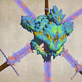 Mythical Creature Head Hanging Decor With Blue Green Yellow Accents And Crossed Swords