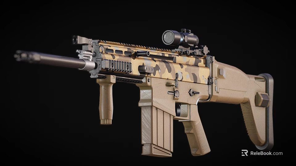 Camouflage Tactical Rifle With Scope And Tan Components For Military Operations 3d model 