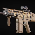 Camouflage Tactical Rifle With Scope And Tan Components For Military Operations