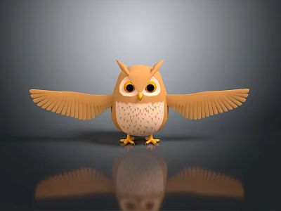 Cartoon Owl with Spread Wings Standing on Reflective Surface Against Gray Background 3d model