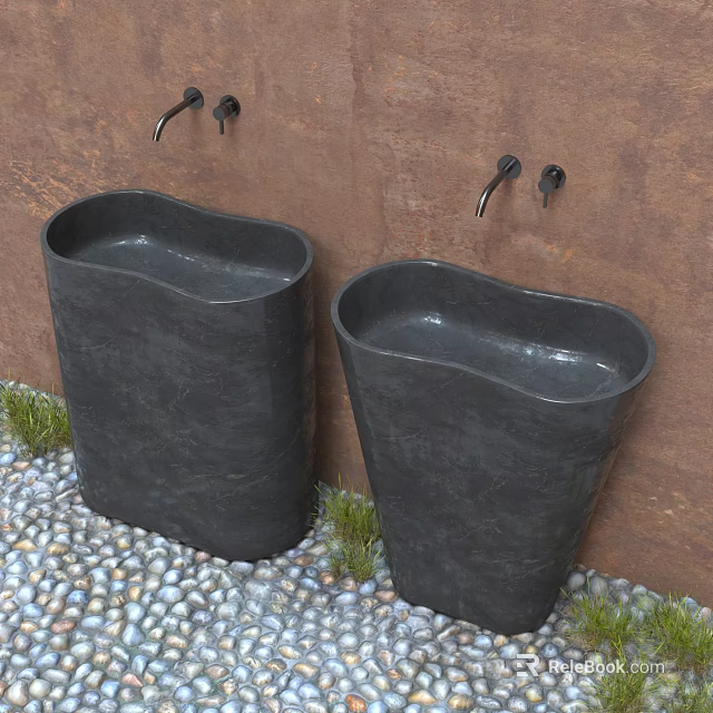 Two Black Freestanding Washbasins On Pebble Floor With Rusty Wall And Green Grass 3d model 