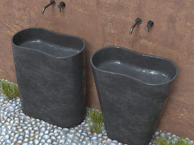 Two Black Freestanding Washbasins On Pebble Floor With Rusty Wall And Green Grass 3d model