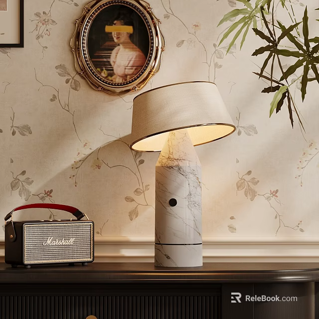 Marble Table Lamp With Beige Lampshade And Vintage Radio On Floral Wallpaper Background 3d model 