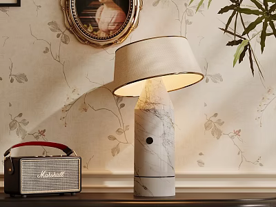 Marble Table Lamp With Beige Lampshade And Vintage Radio On Floral Wallpaper Background 3d model