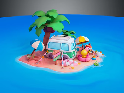 Tropical Island Garden Landscape with Palm Tree Camping Van Beach Chairs Umbrellas and Inflatable Float 3d model