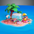 Tropical Island Garden Landscape with Palm Tree Camping Van Beach Chairs Umbrellas and Inflatable Float 3d model