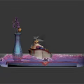 Cartoon Scene Of Colorful Tray With Blue Vase Purple Flowers Dessert Cake And Berries