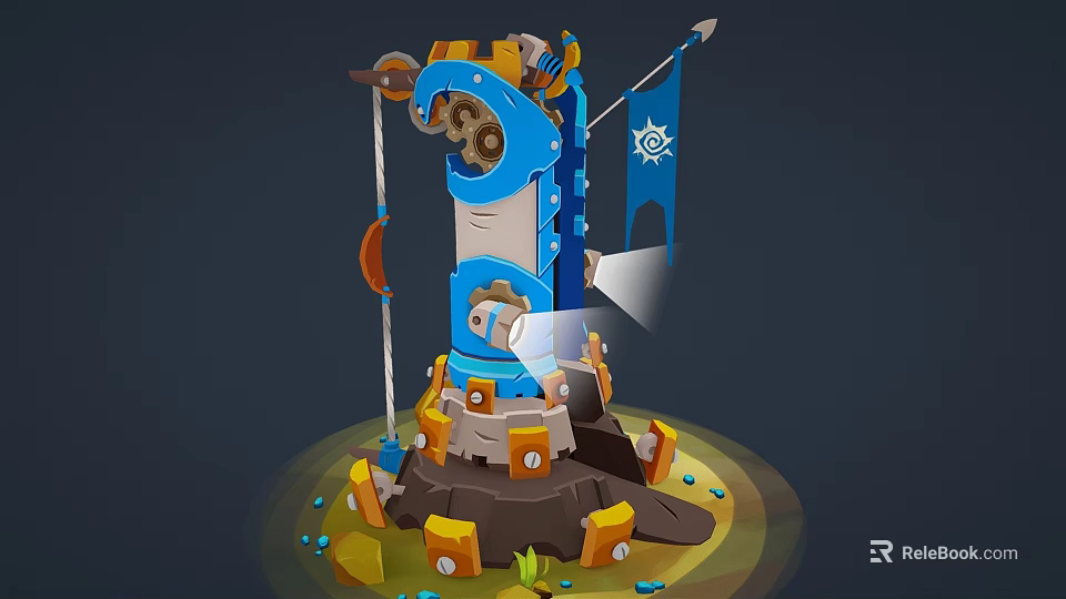 Cartoon Style Mechanical Tower Scene With Gears Flag Searchlight And Stone Base 3d model 