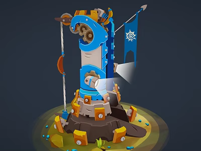 Cartoon Style Mechanical Tower Scene With Gears Flag Searchlight And Stone Base 3d model