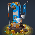 Cartoon Style Mechanical Tower Scene With Gears Flag Searchlight And Stone Base