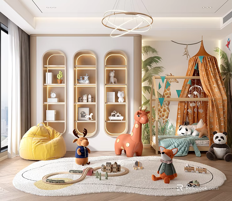 Kids Room Interior Design With Canopy Tent Plush Toys Bean Bag Chair And Shelves 3d model 