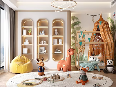 Kids Room Interior Design With Canopy Tent Plush Toys Bean Bag Chair And Shelves 3d model