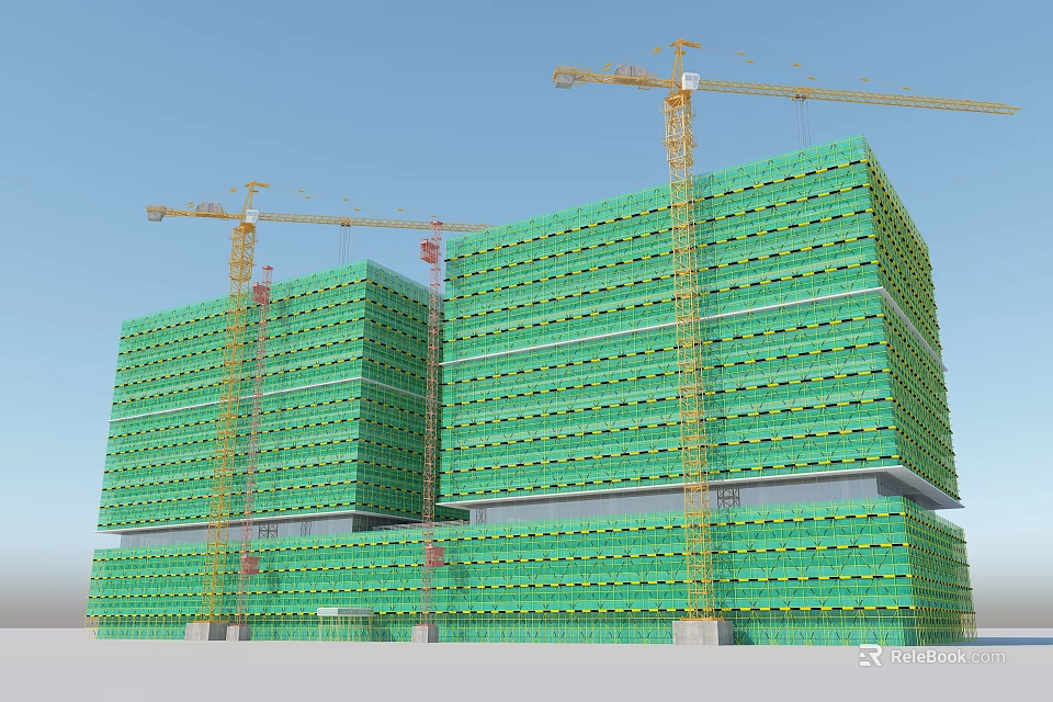 Modern Construction Site With High Rise Buildings Green Scaffolding And Tower Cranes 3d model 