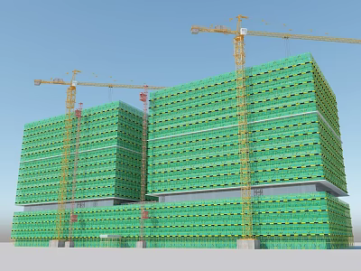 Modern Construction Site With High Rise Buildings Green Scaffolding And Tower Cranes 3d model