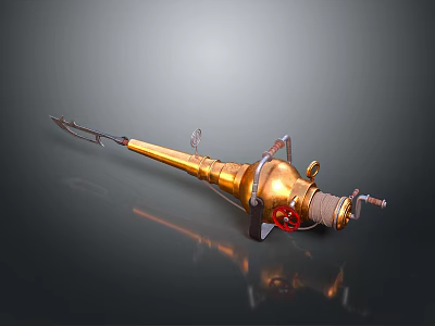 Golden Metallic Weapon With Spear Like Design Red Wheel And Shiny Mechanical Structure 3d model