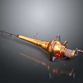 Golden Metallic Weapon With Spear Like Design Red Wheel And Shiny Mechanical Structure