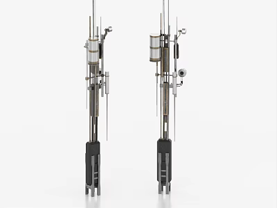 Two Vertical Industrial Equipment Columns With Metal Structure And Pipes Valves 3d model