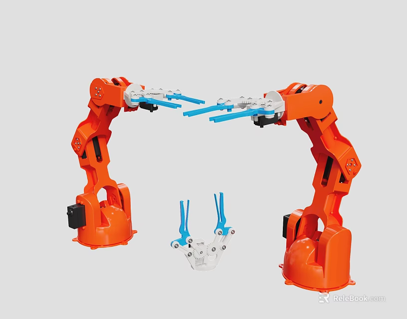 Smart Orange Robotic Arms Collaboratively Handling Blue Components With Precision 3d model 