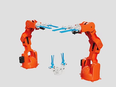 Smart Orange Robotic Arms Collaboratively Handling Blue Components With Precision 3d model