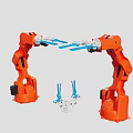 Smart Orange Robotic Arms Collaboratively Handling Blue Components With Precision 3d model