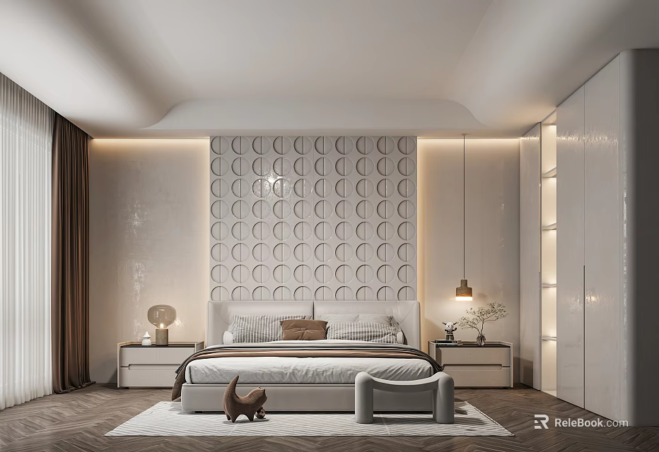 Modern Bedroom Interior With Circular Pattern Accent Wall Bed Nightstands Pendant Light And Rug 3d model 