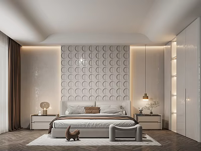 Modern Bedroom Interior With Circular Pattern Accent Wall Bed Nightstands Pendant Light And Rug 3d model