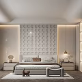 Modern Bedroom Interior With Circular Pattern Accent Wall Bed Nightstands Pendant Light And Rug