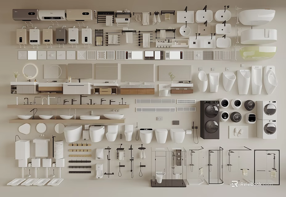 Modern Bathroom Combos With Sinks Toilets Cabinets Mirrors And Fixtures 3d model 