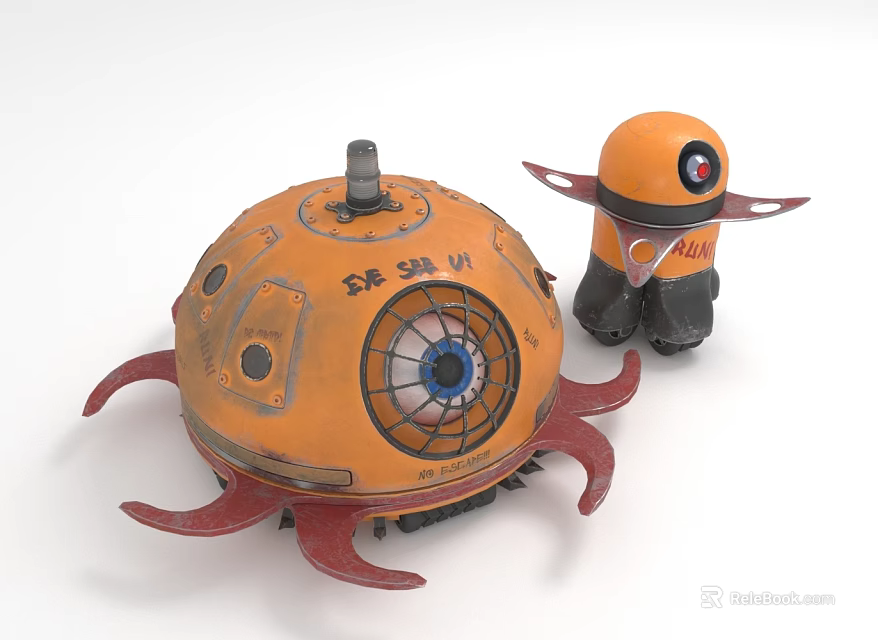 Orange Octopus Shaped Furniture Decor With SE08 IV Label And Small Robot Figure 3d model 