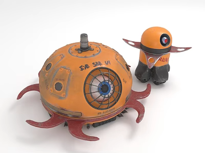 Orange Octopus Shaped Furniture Decor With SE08 IV Label And Small Robot Figure 3d model