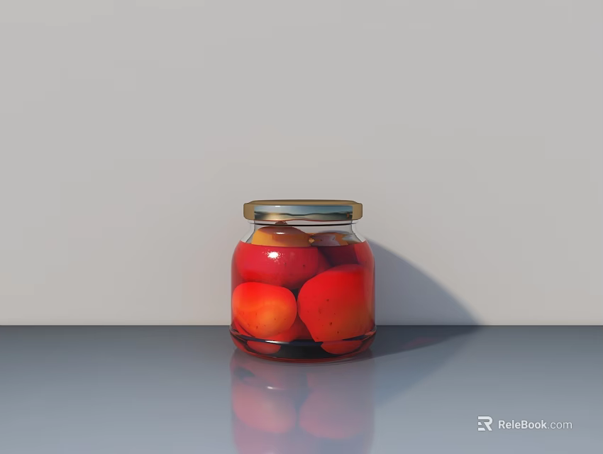Decorative Ornament Set Featuring Glass Jar With Golden Lid And Red Fruits On Gray Countertop 3d model 